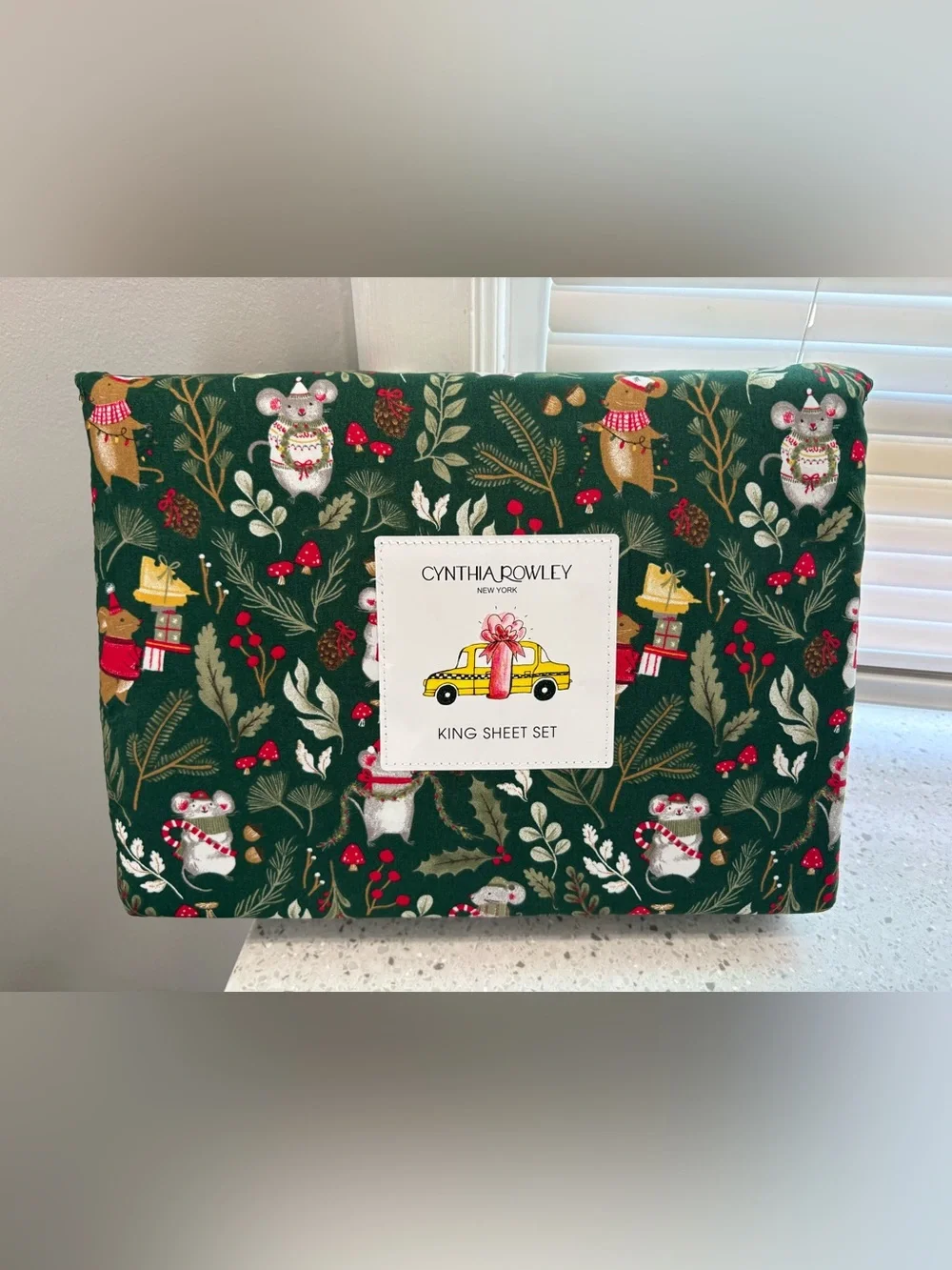 NEW Cynthia Rowley Christmas Mouse Holly Leaves Green Holiday King Sheet Set